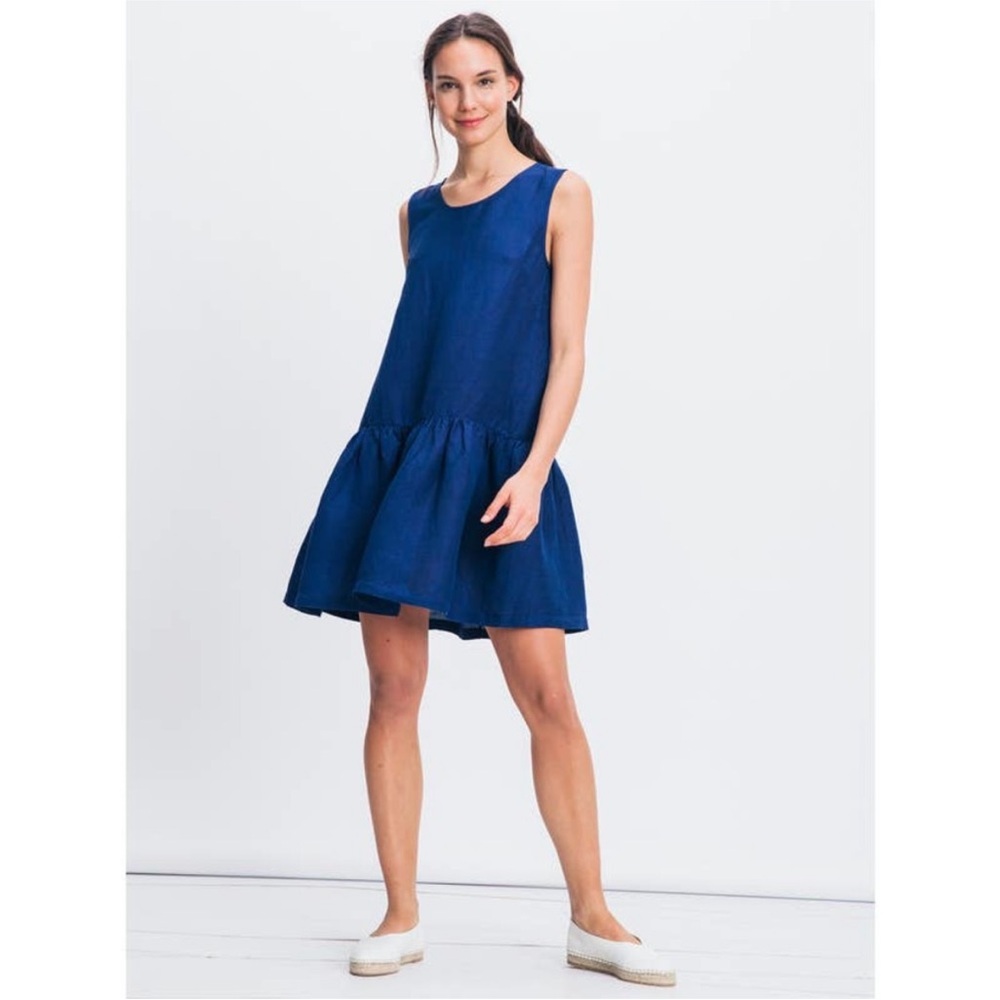 Ali Golden NavyBlue Linen & Rayon Blend Open Cutout Back Sleeveless Dress NWOT S